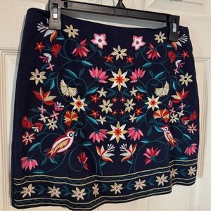 Floral Embroidered Navy Skirt Vintage Style 70s Flowers
